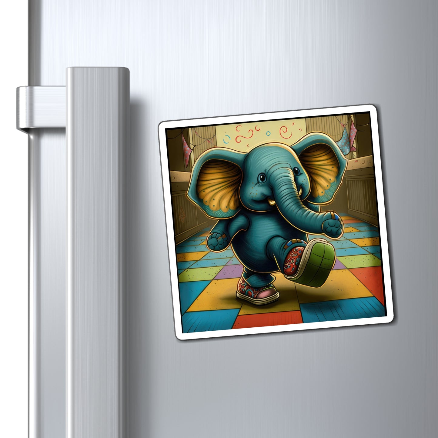 Cute Blue Elephant Kicking Foot On Colorful Checkered Floor Magnets