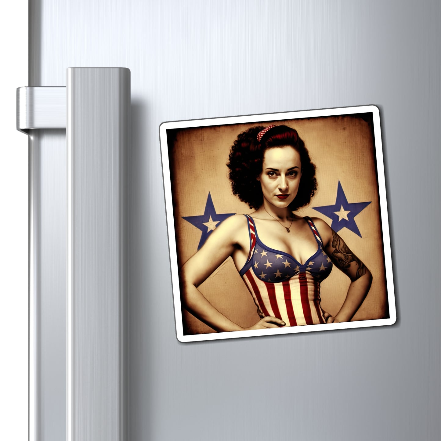Retro Tattooed Pinup Blue, Red And White Star Magnet Style three