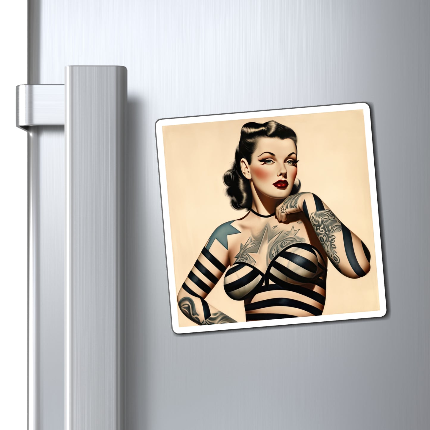 Retro Tattooed Pinup Blue, Red And White Star Magnet Style Eleven