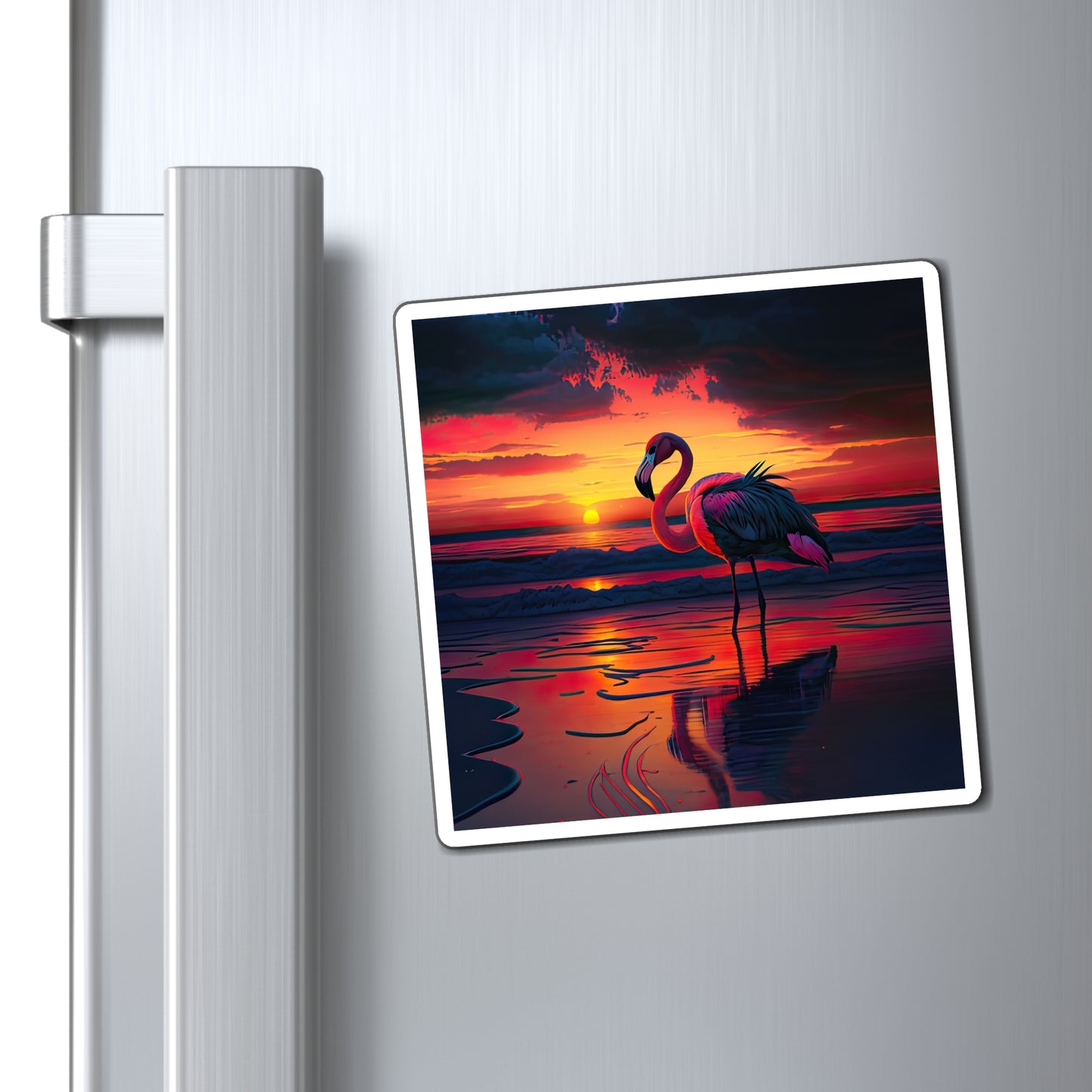 Gorgeous Flamingo With Beautiful Sunset On The Water Magnets