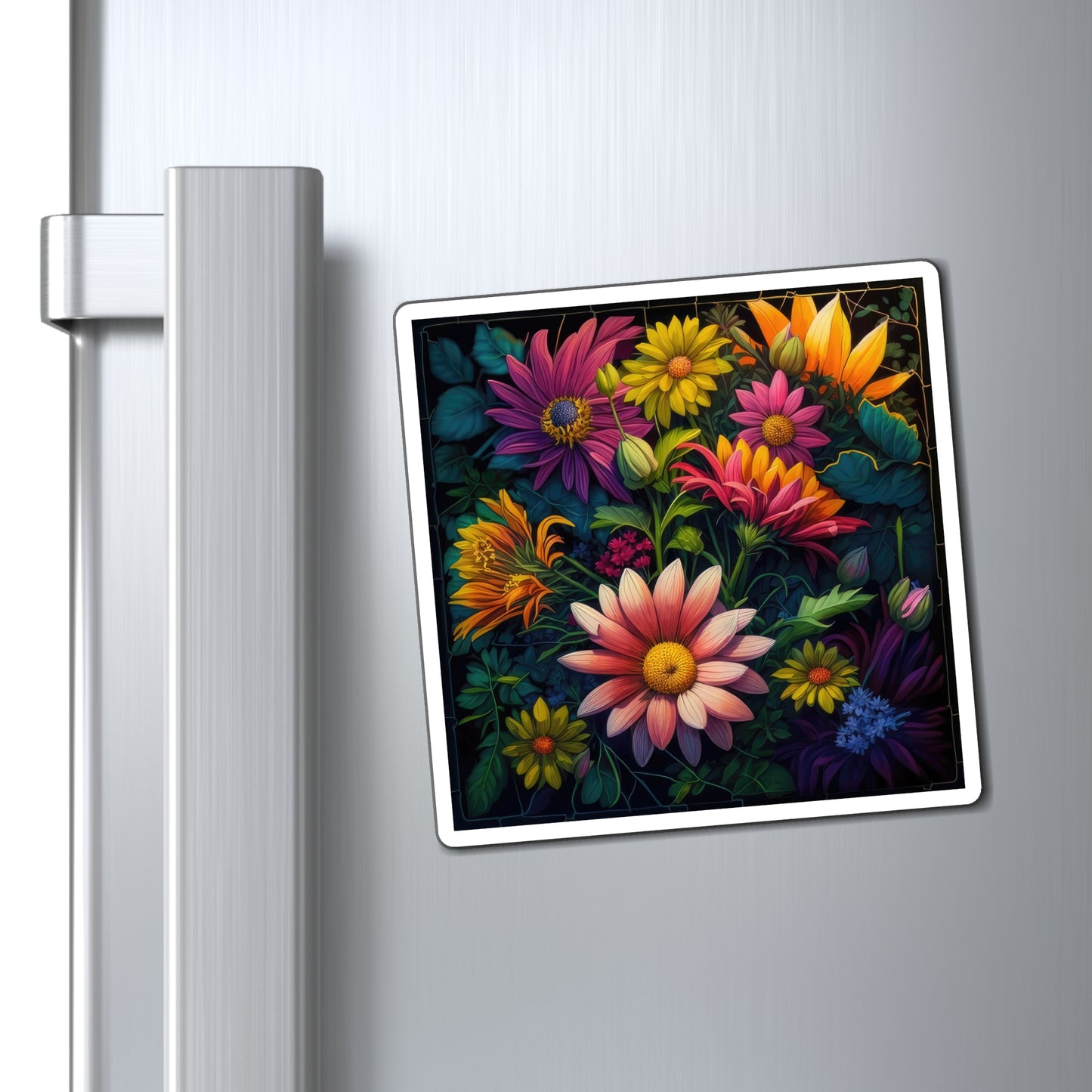 Bold And Beautiful Assortment of Flowers With Large Green Leaves Black Frame Magnets