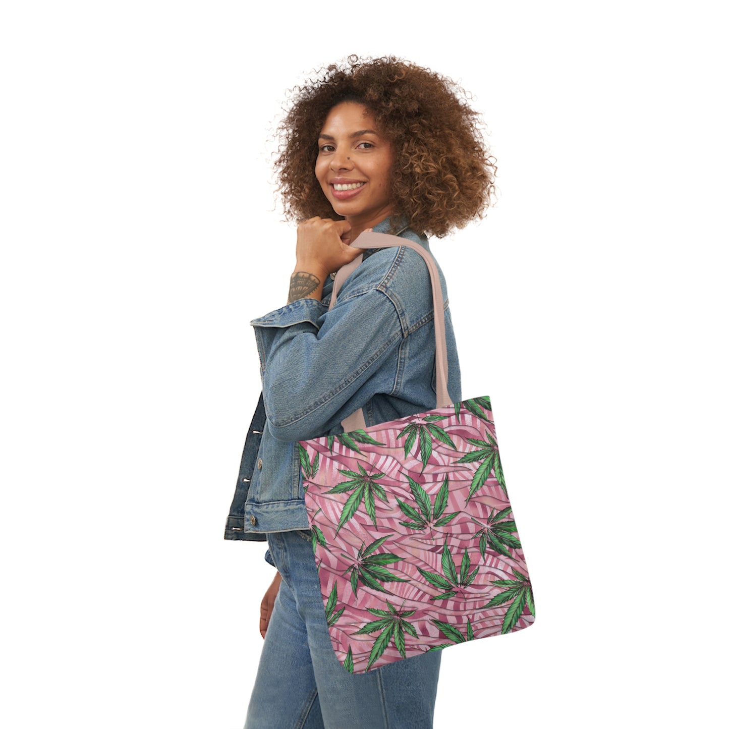 Beautifully Pink And Green Gorgeous Designed Marijuana 420 Weed Leaf Polyester Canvas Tote Bag (AOP)