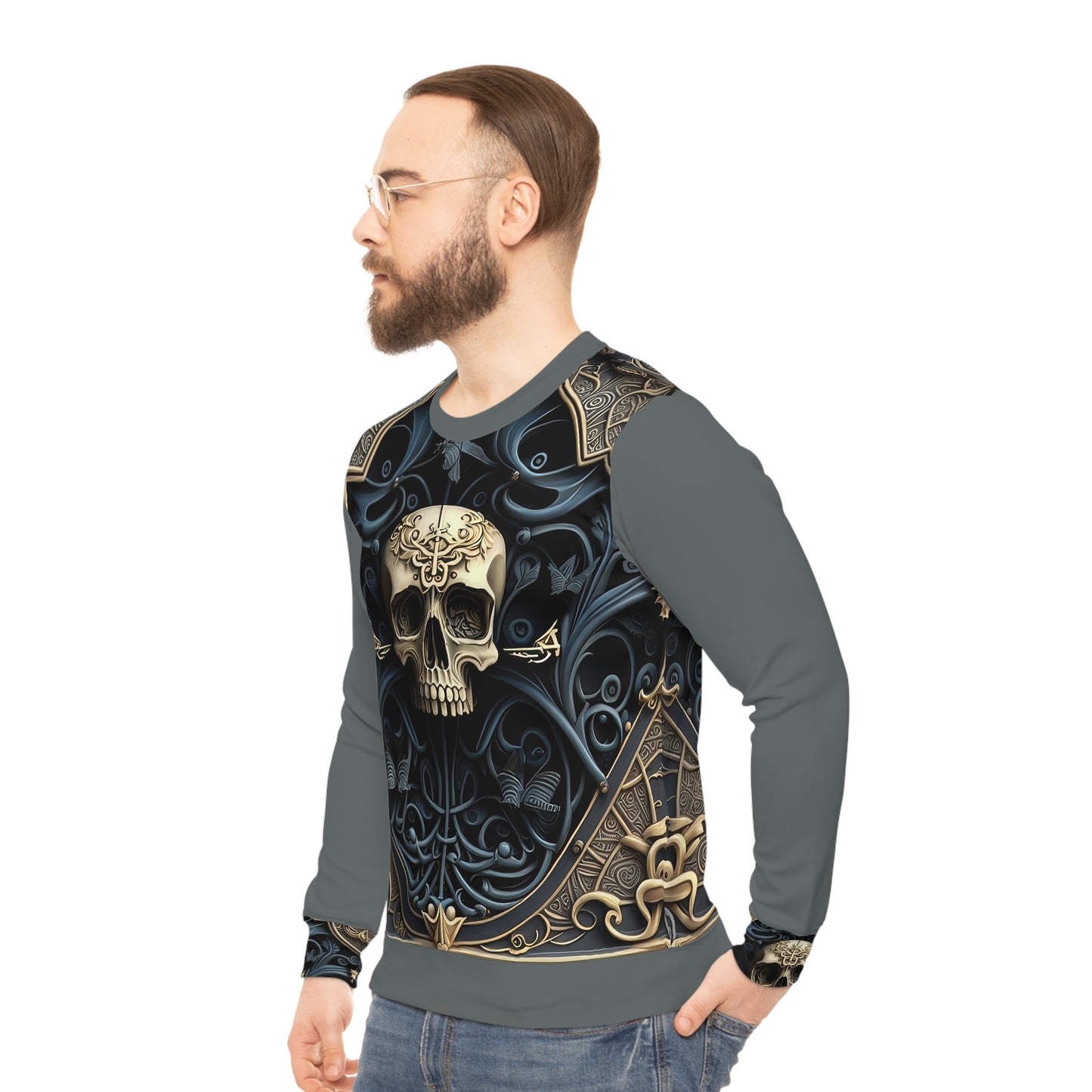 Metallic Chrome Skull and classic Designed Background Style 5, Blue Lightweight Sweatshirt (AOP)