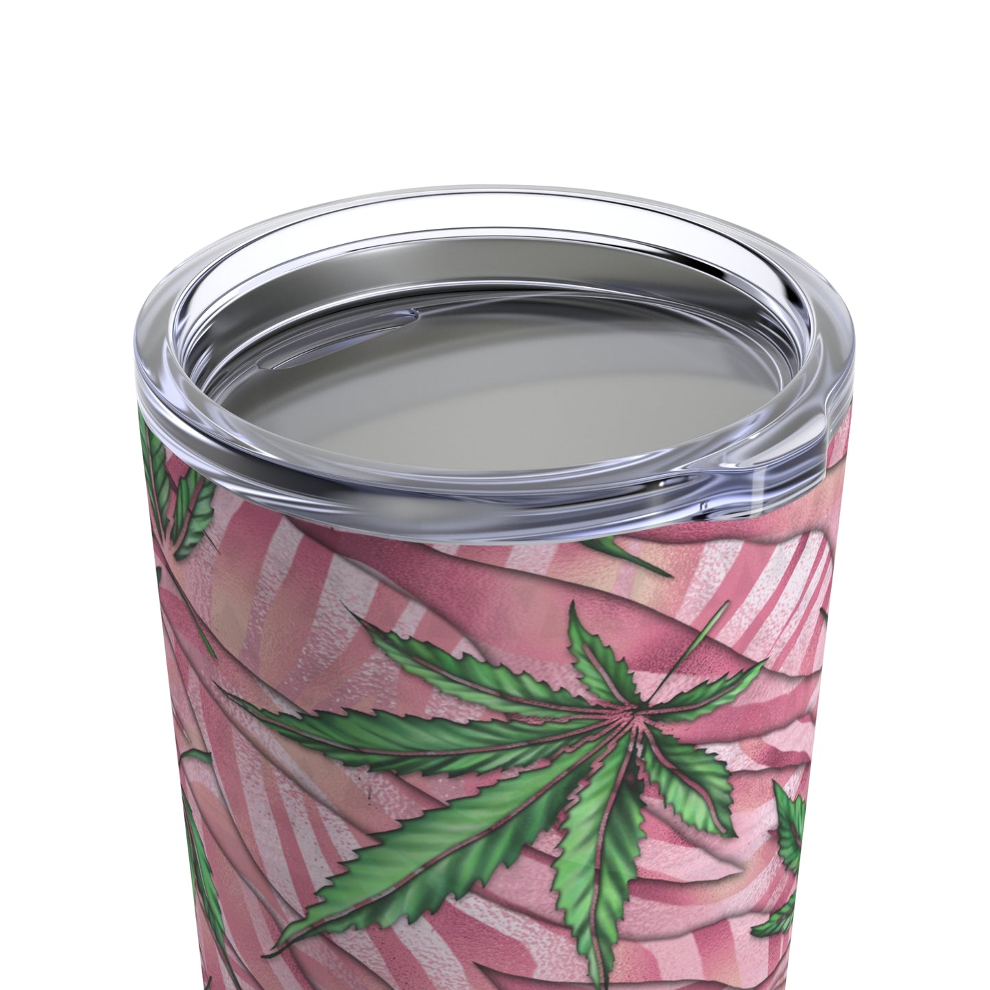 Pink Striped Background With Green Marijuana Elegantly Designed 420 Weed Tumbler 20oz