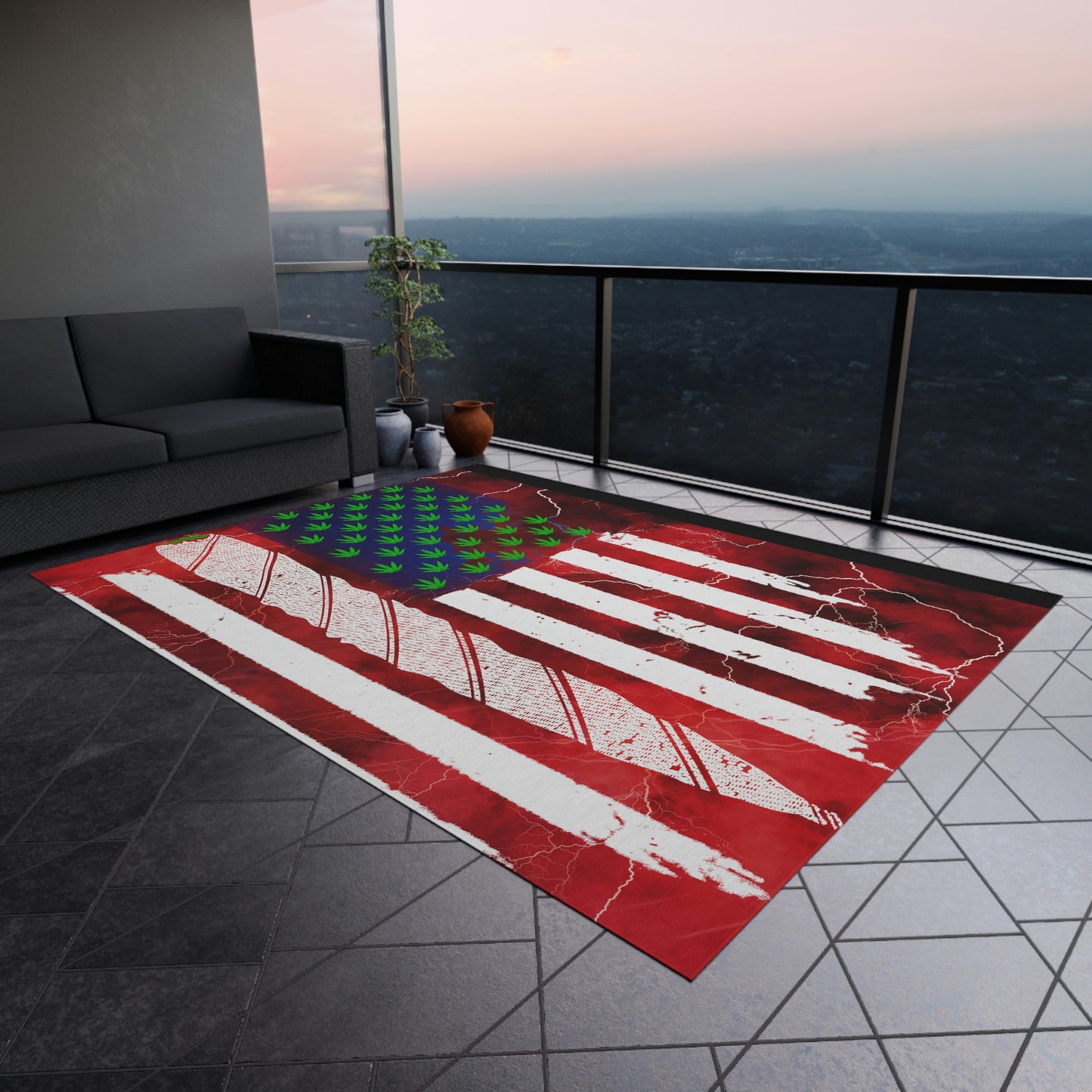 Flag Red, White And Blue Beautiful Red Background With Marijuana Pot Weed 420 Outdoor Rug