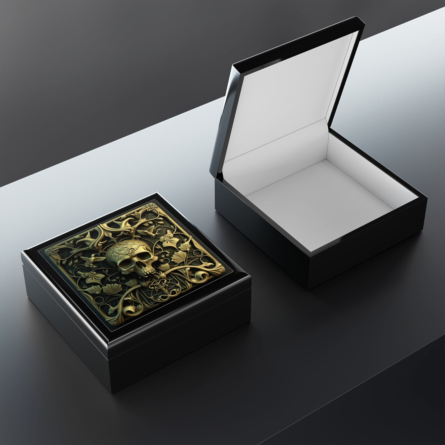 Beautifully Designed Silver Metal Style Grey And Rustic Black Background, Gothic Skull And Shoulders Jewelry Box Jewelry Box