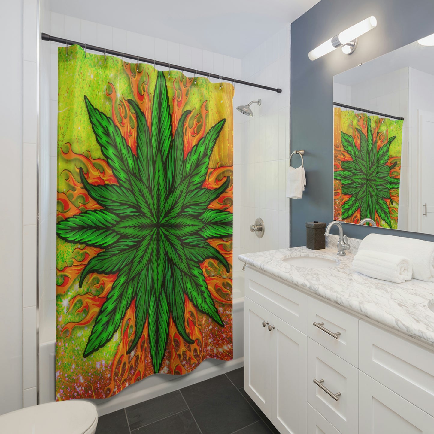 Pot Leaf Collage With Yellow Orange Background With Marijuana Pot Weed 420 Shower Curtains