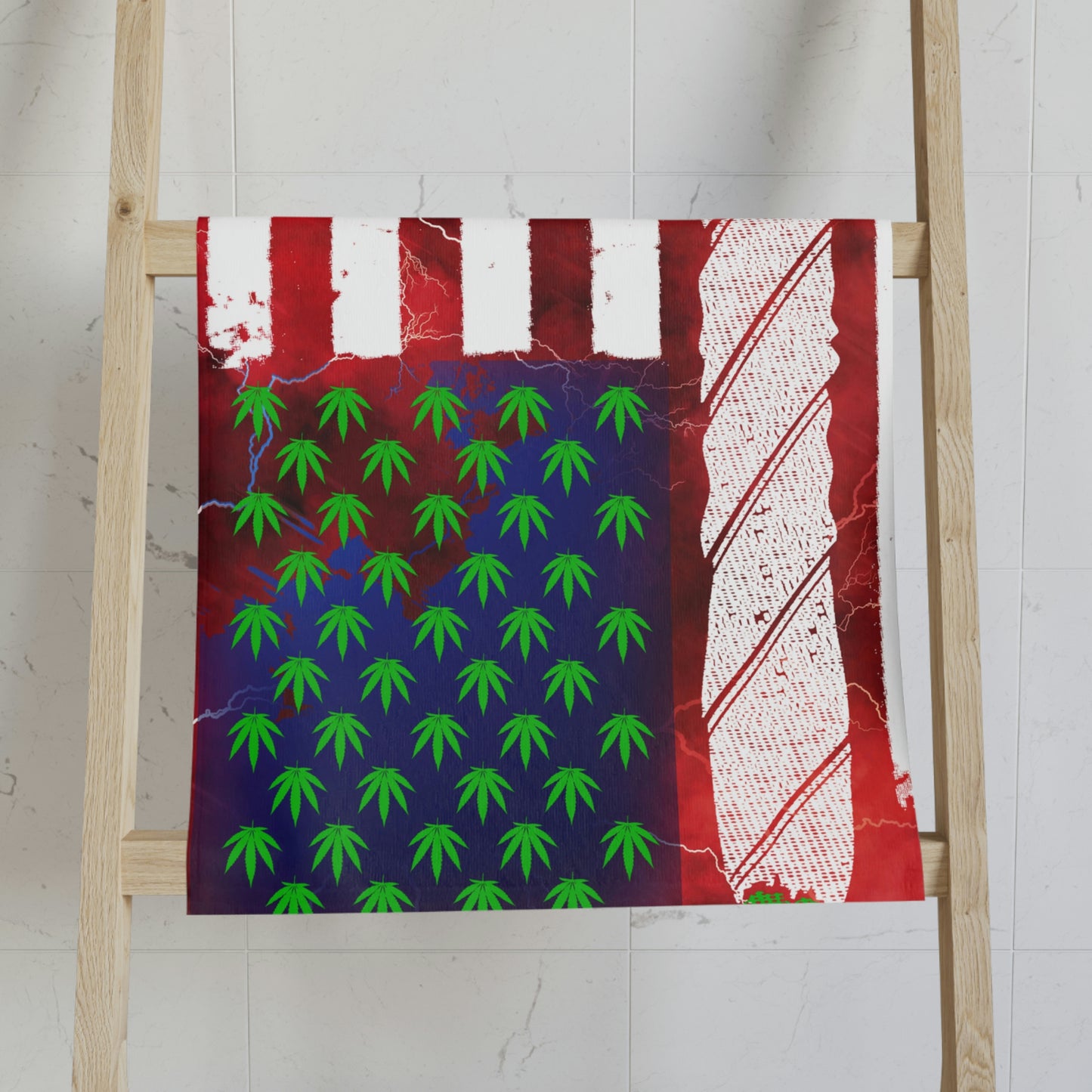 Flag Red, White And Blue Beautiful Red Background With Marijuana Pot Weed 420 Hand Towel