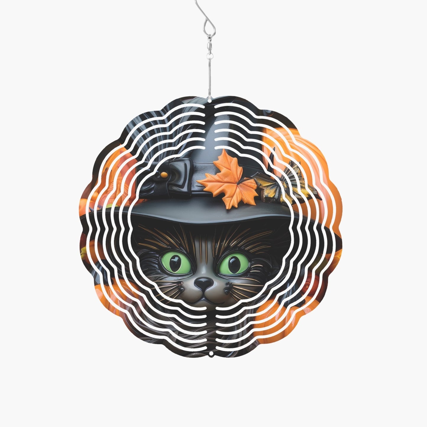 Green Eyed  Halloween Black Cat With Pumpkins Wind Spinner