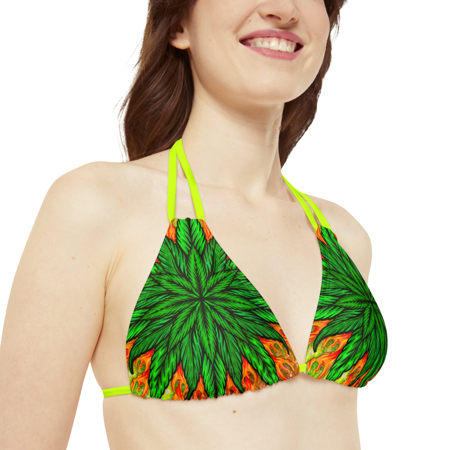 Beautifully Designed Orange, Yellow And Green Marijuana Leaf Strappy Bikini Set (AOP)