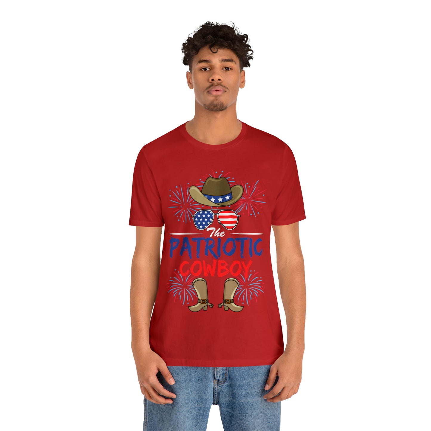 Patriotic Cowboy, American Flag 'Glasses, Cowboy Hat and Boots, Fourth of July 4th Unisex Jersey Short Sleeve Tee