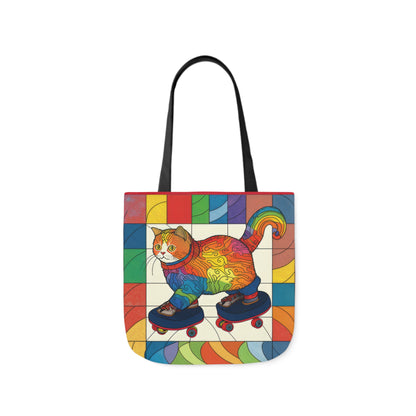Gorgeous Rainbow Cat Riding A Skate/Skateboard With Rainbow Border Polyester Canvas Tote Bag (AOP)