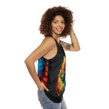 Bold And Beautiful Tie Dye Cat In Front , Beautiful Tie Dye Back Unisex Tank Top (AOP)