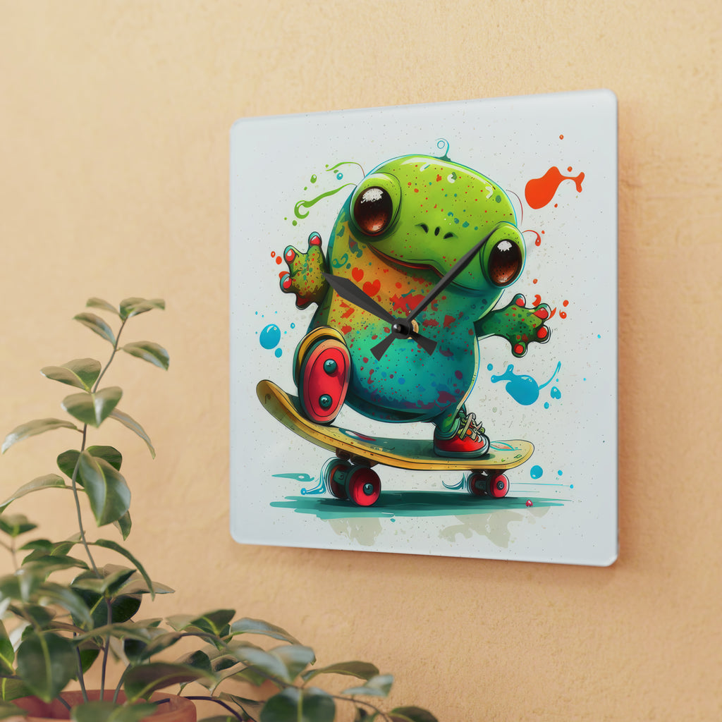 Tie Dye Cool Frog On Skate Board Wall Clock