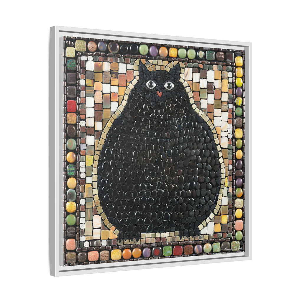"Playful Black Cat Mosaic", Framed Mosaic Cat Art Print — Colorful Modern Wall Canvas