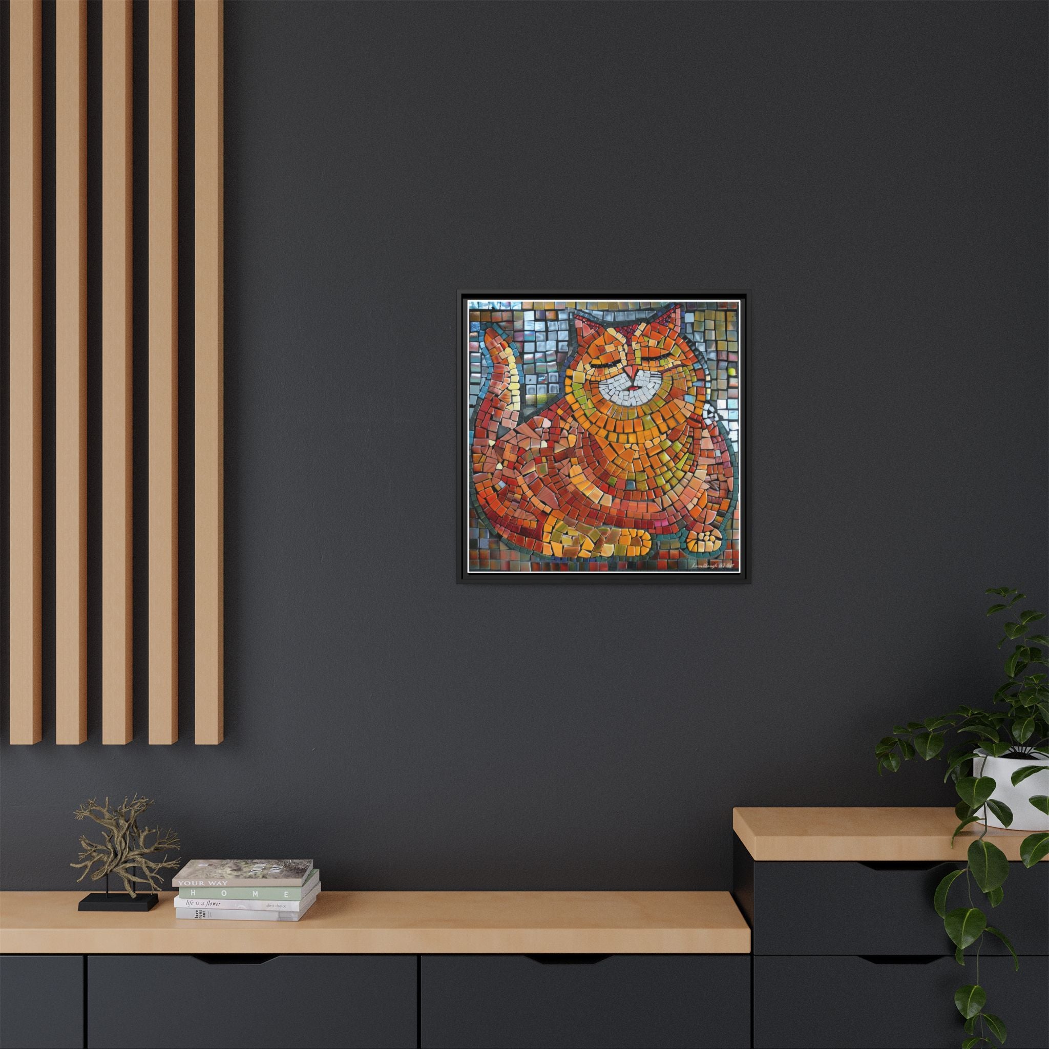 Radiant Whiskers: The Joyful Cat, Framed Mosaic Cat Art Print — Colorful Modern Wall Canvas