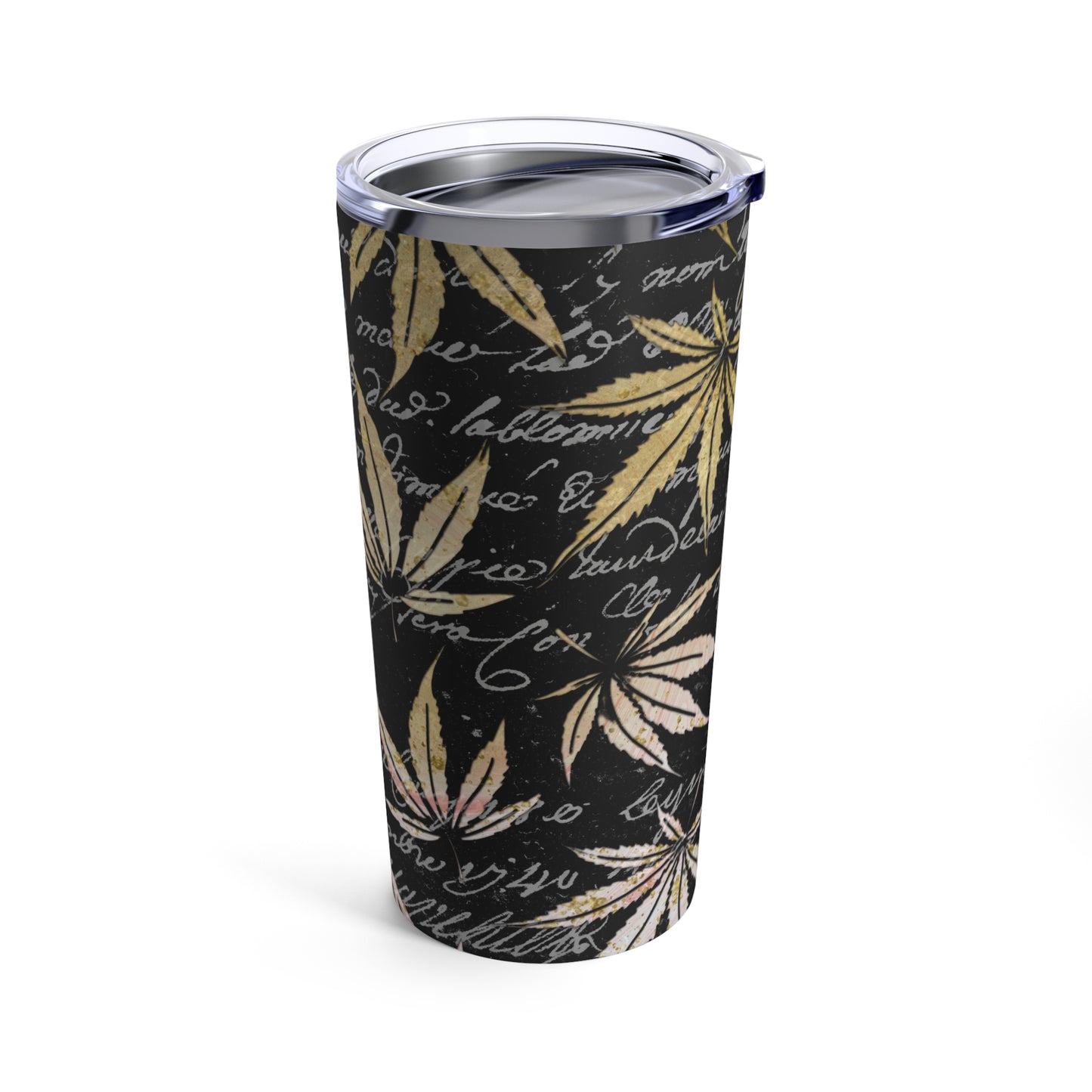 Gold Marijuana Leaves Elegantly Designed Black Back Ground Gold Writing 420 Weed Tumbler 20oz