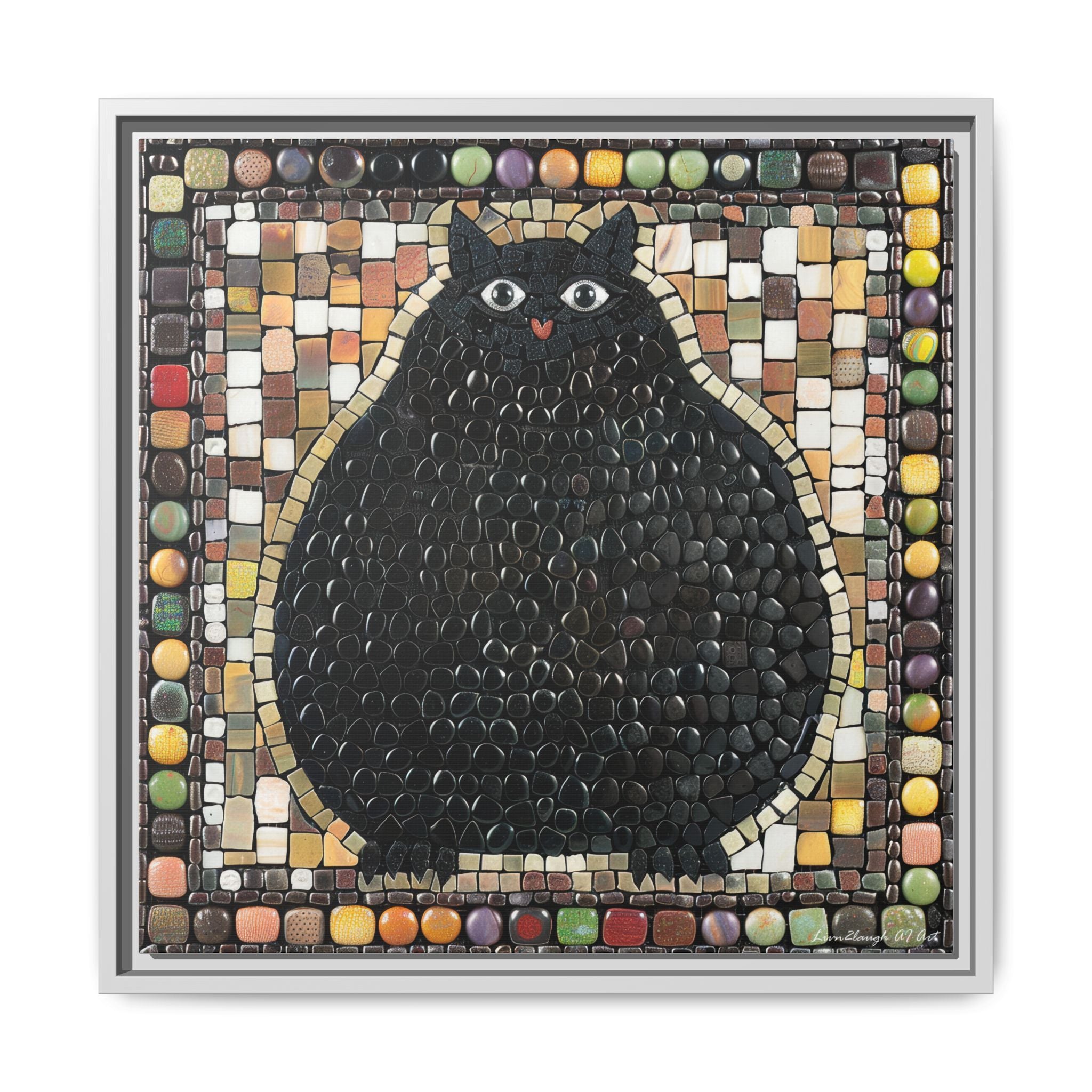 "Playful Black Cat Mosaic", Framed Mosaic Cat Art Print — Colorful Modern Wall Canvas