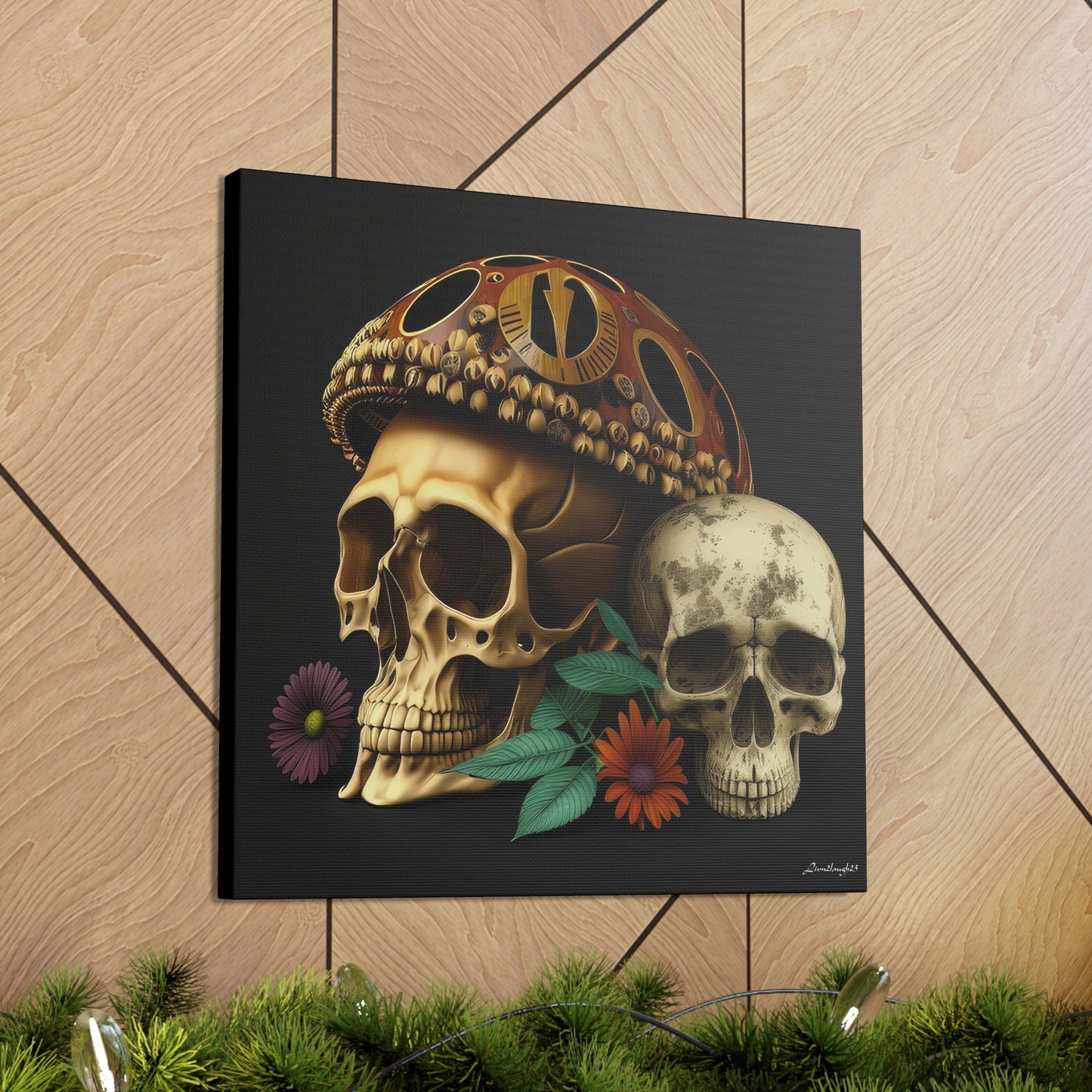 Double Skull With One Colorful Beautifully Detailed Helmet Purple Orange Flowers Canvas Gallery Wraps