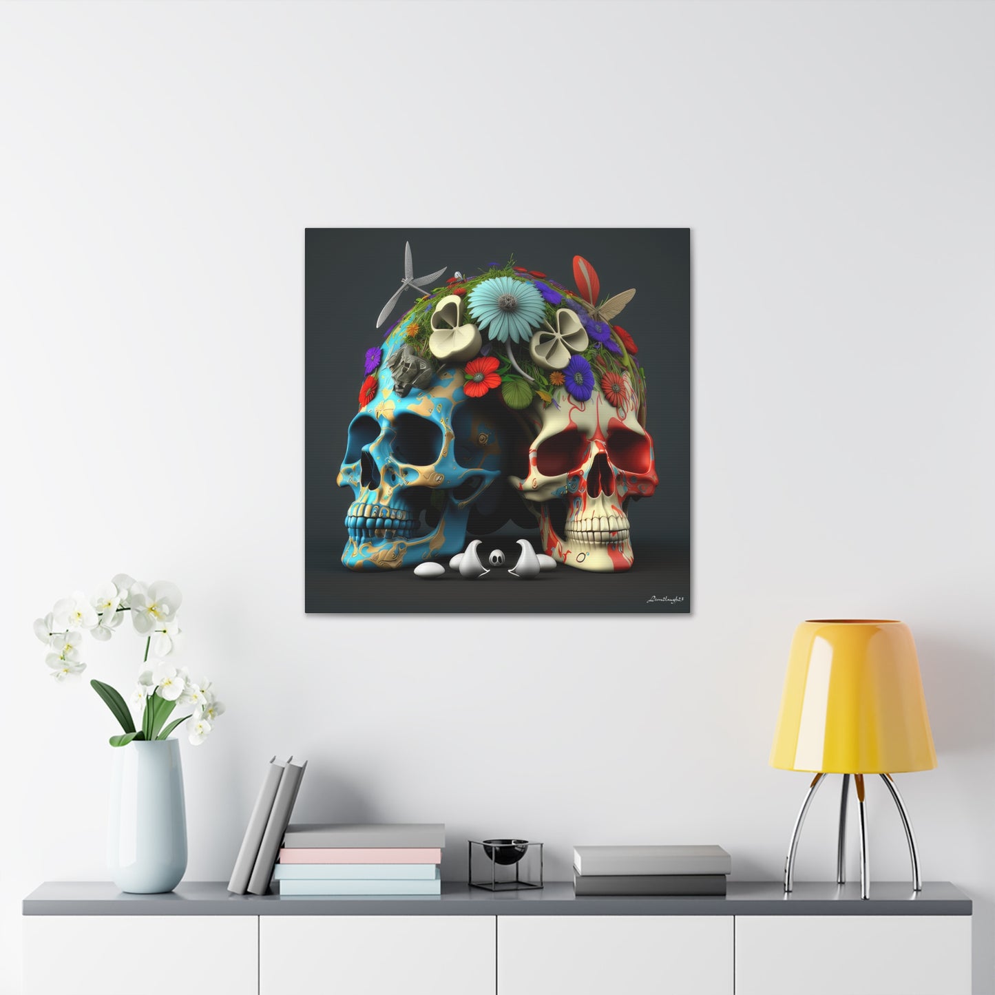 Double Skull With Blue Red  Flowers Canvas Gallery Wraps