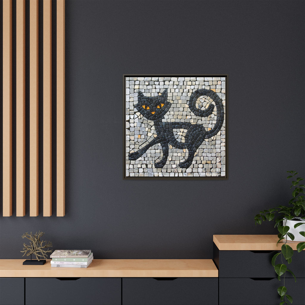"Curious Black Cat Mosaic", Framed Mosaic Cat Art Print — Colorful Modern Wall Canvas