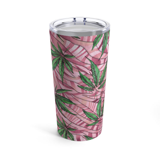 Pink Striped Background With Green Marijuana Elegantly Designed 420 Weed Tumbler 20oz
