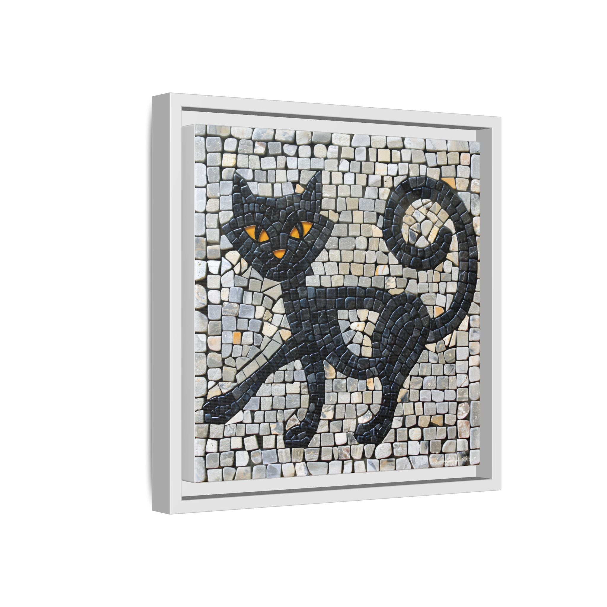 "Curious Black Cat Mosaic", Framed Mosaic Cat Art Print — Colorful Modern Wall Canvas