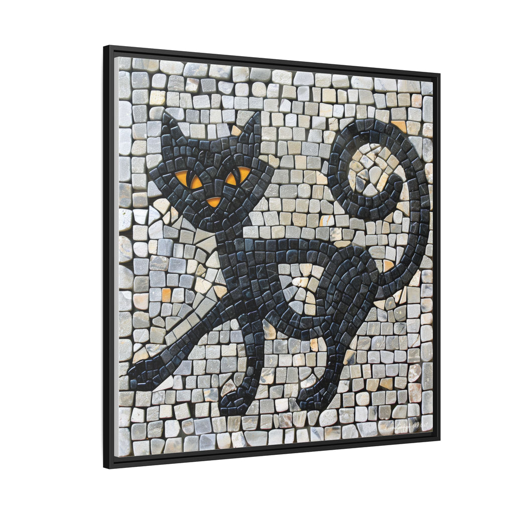 "Curious Black Cat Mosaic", Framed Mosaic Cat Art Print — Colorful Modern Wall Canvas