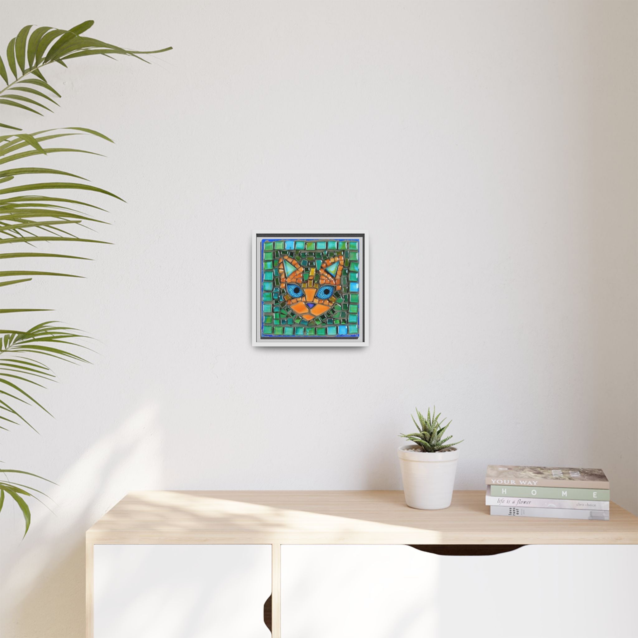 "Emerald Eyes Mosaic Cat", Framed Mosaic Cat Art Print — Colorful Modern Wall Canvas