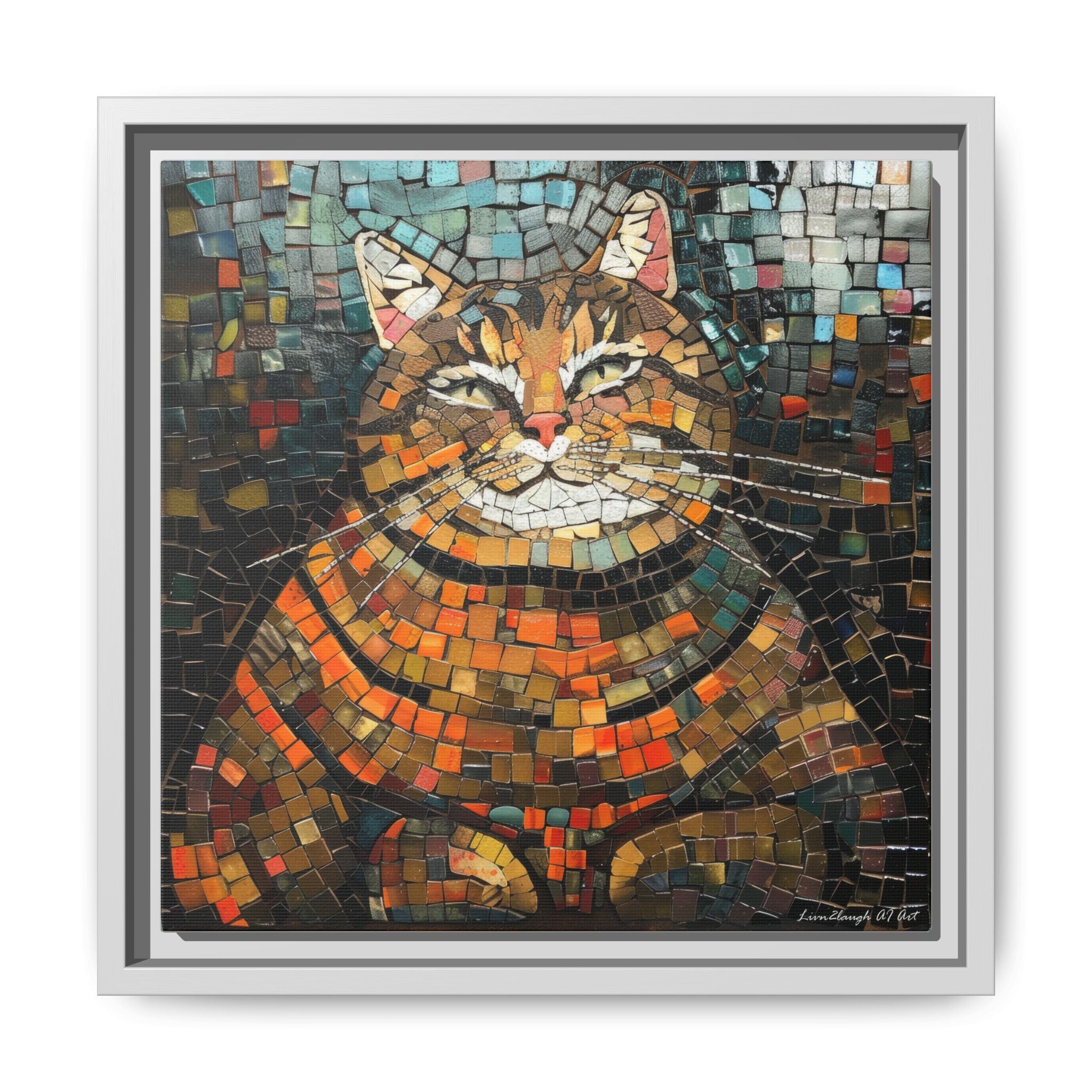 Mosaic Majesty: The Regal Cat, Framed Mosaic Cat Art Print — Colorful Modern Wall Canvas