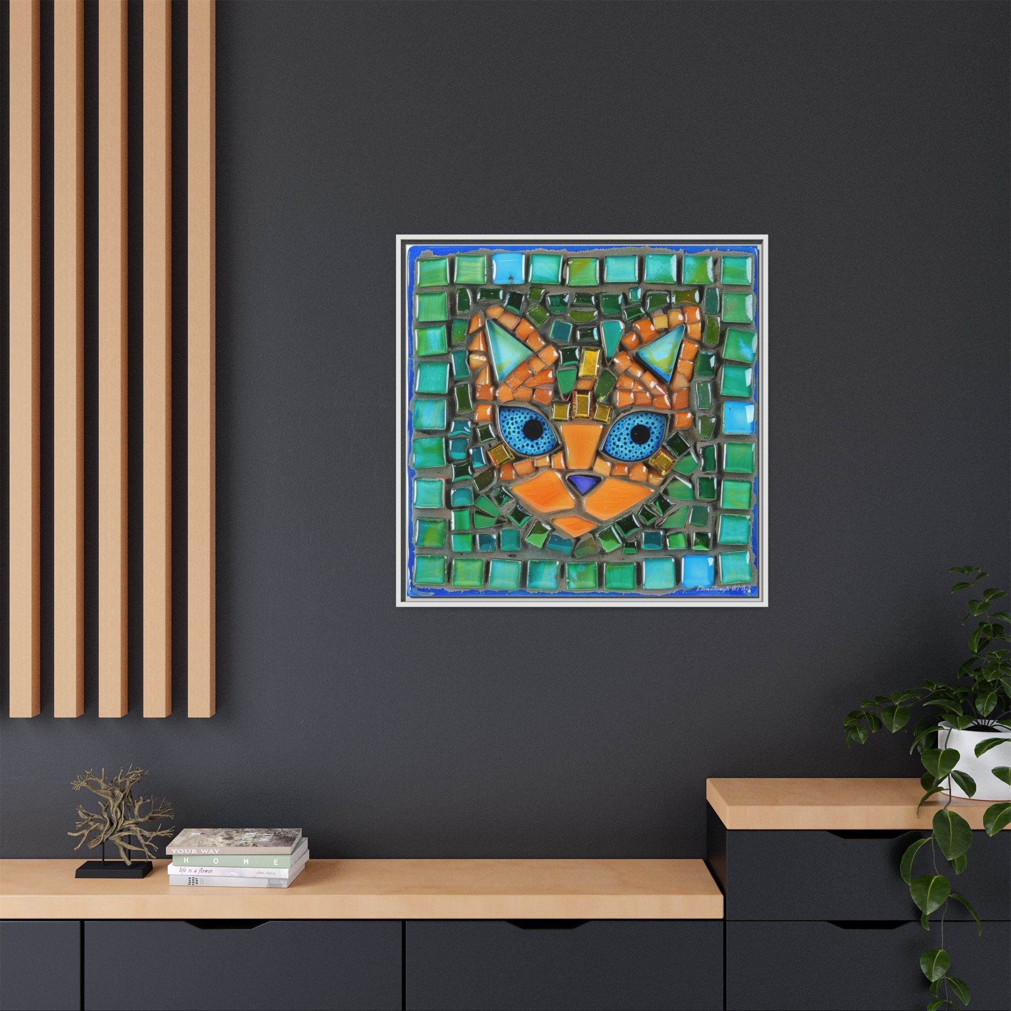 "Emerald Eyes Mosaic Cat", Framed Mosaic Cat Art Print — Colorful Modern Wall Canvas