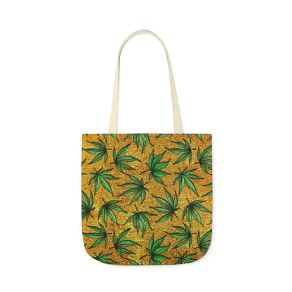 Gold And Green Marijuana Pot Weed Leaf With Gold Background 420 Polyester Canvas Tote Bag (AOP)