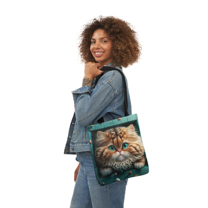 Beautiful Orange And White Fluffy Cat With Blue Eye , Blue Framed Polyester Canvas Tote Bag (AOP)