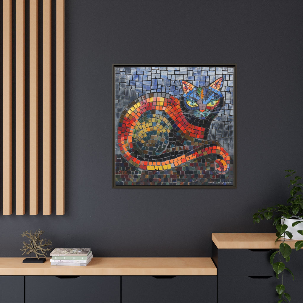 Mystic Shadows: The Enigmatic Cat, Framed Mosaic Cat Art Print — Colorful Modern Wall Canvas