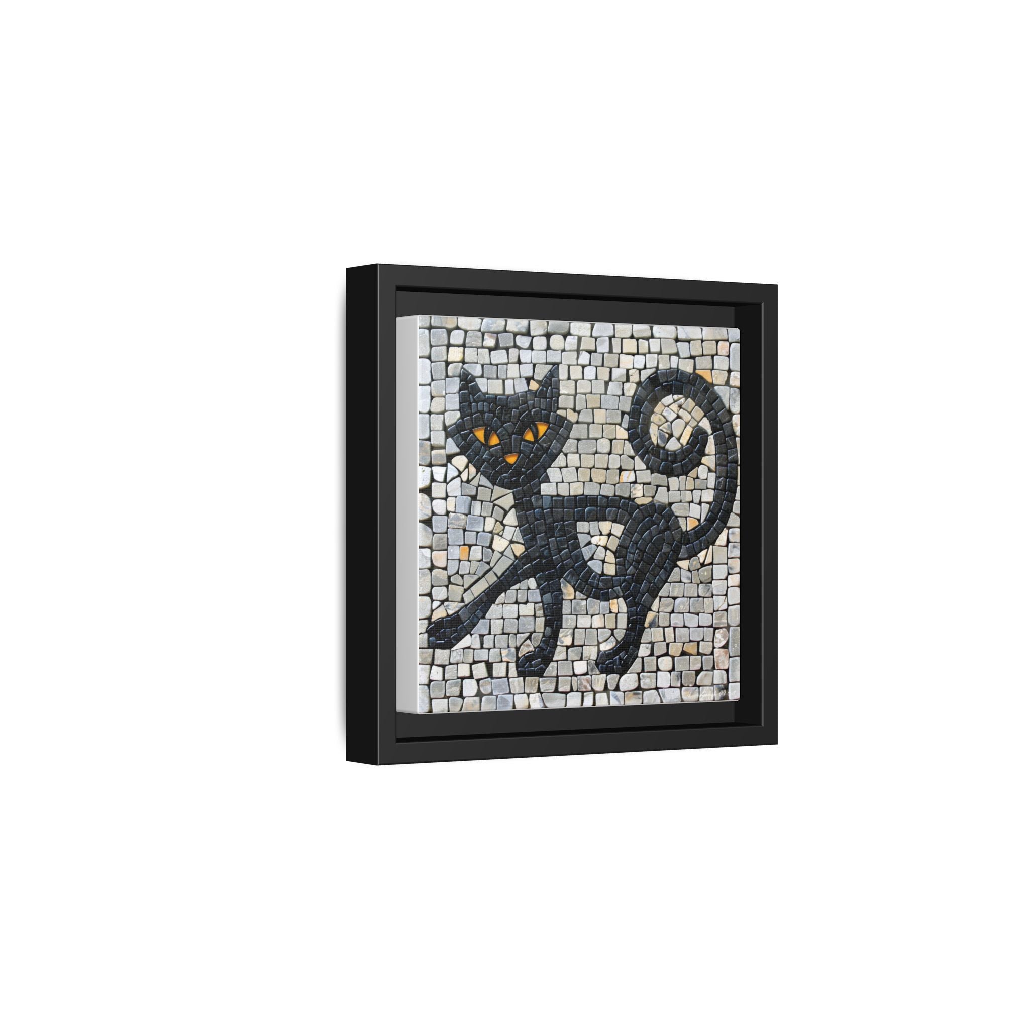 "Curious Black Cat Mosaic", Framed Mosaic Cat Art Print — Colorful Modern Wall Canvas