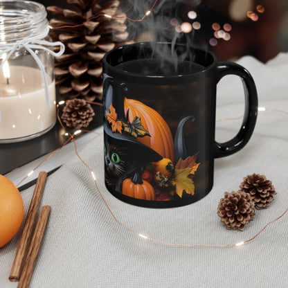 Halloween Hat Green Eyed Black Cat With Fall leaves And Pumpkins 11oz Black Mug