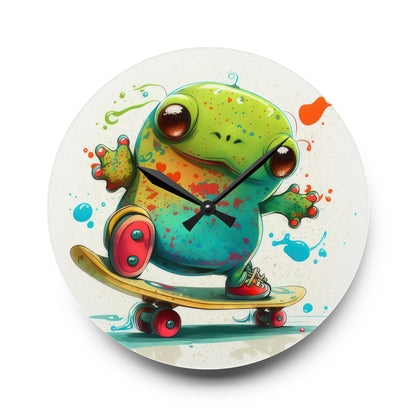 Tie Dye Cool Frog On Skate Board Wall Clock
