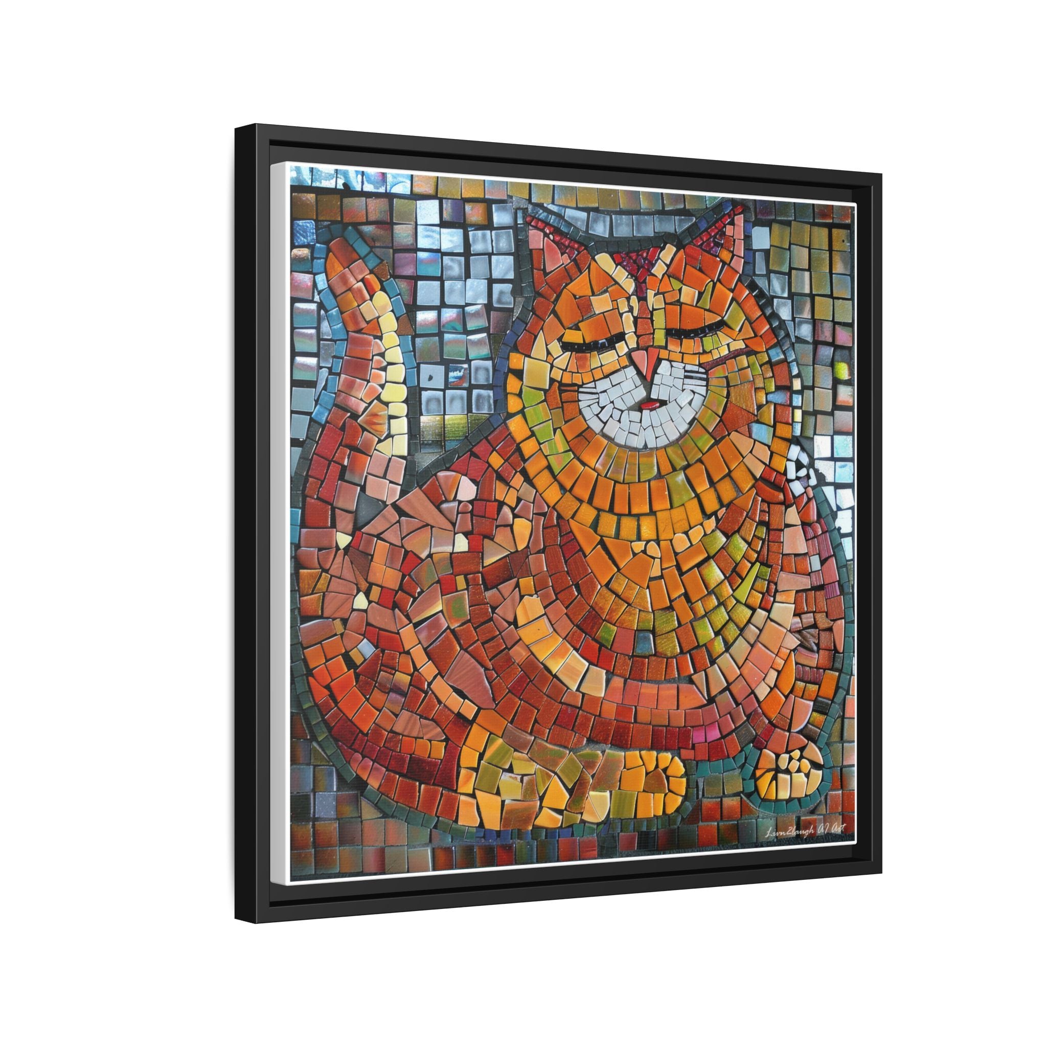 Radiant Whiskers: The Joyful Cat, Framed Mosaic Cat Art Print — Colorful Modern Wall Canvas