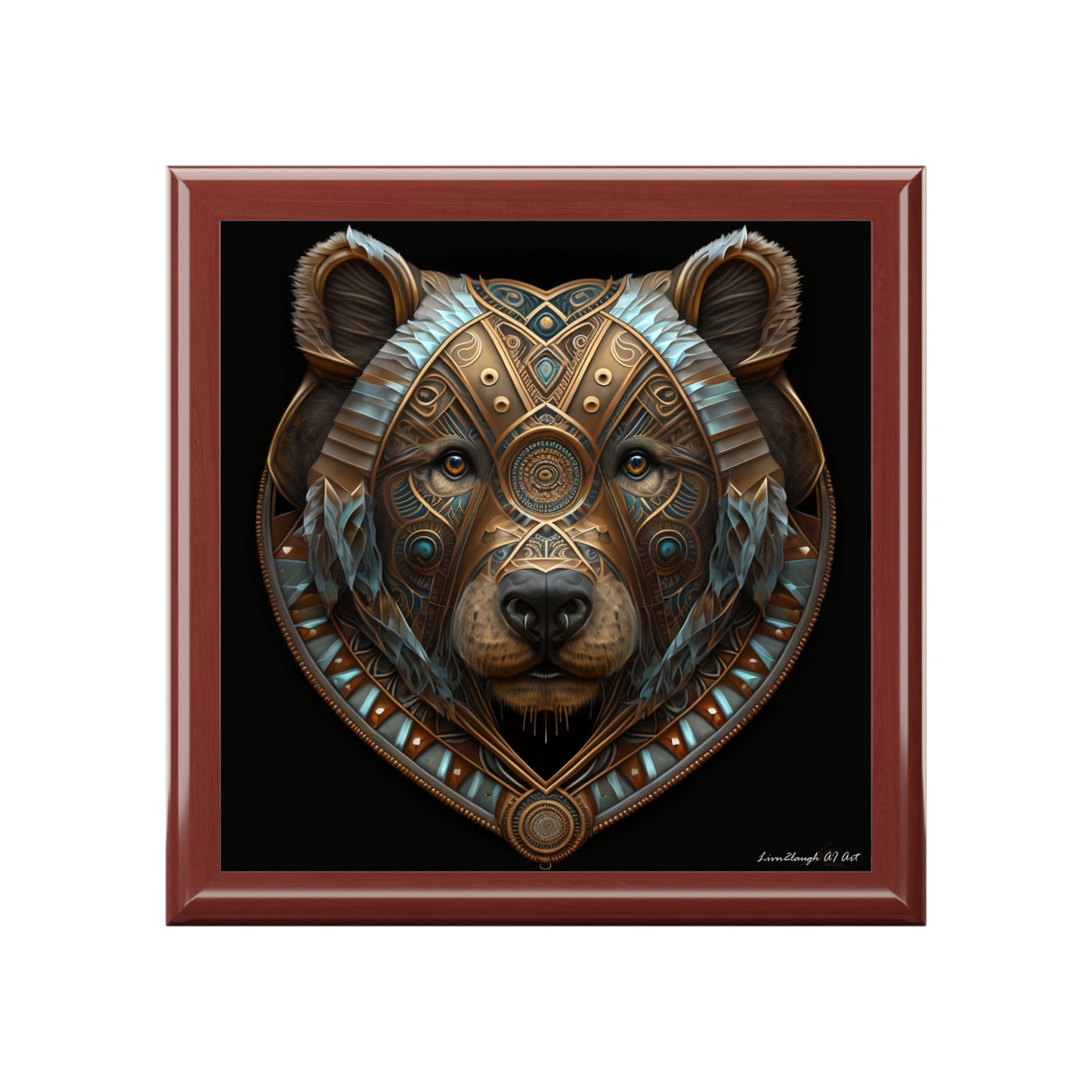 Brown Bear Accent with Blue Detailed Design, Black Background Jewelry Box