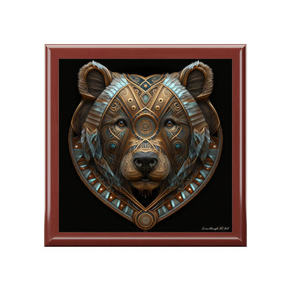 Brown Bear Accent with Blue Detailed Design, Black Background Jewelry Box