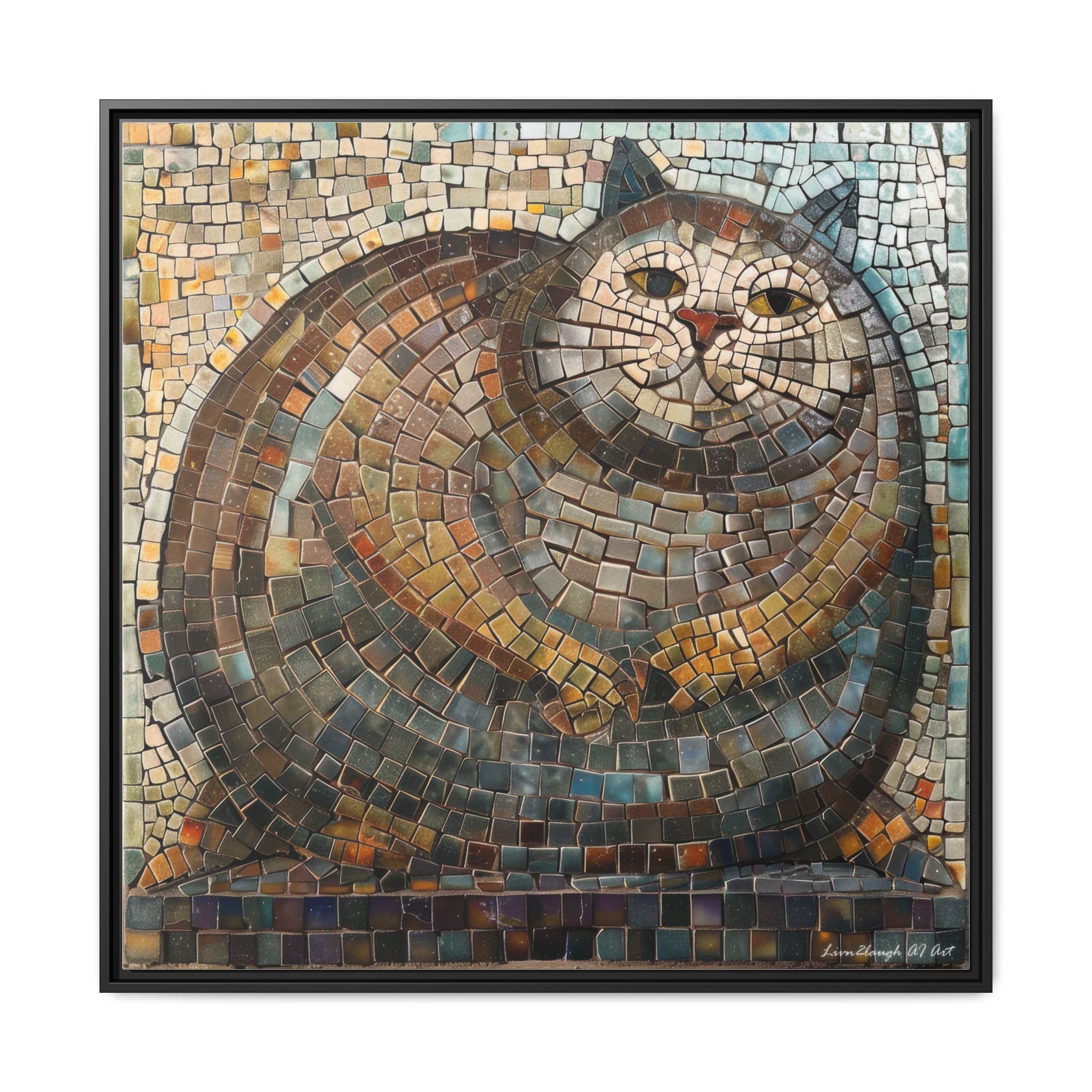 "Serene Mosaic Cat", Framed Mosaic Cat Art Print — Colorful Modern Wall Canvas