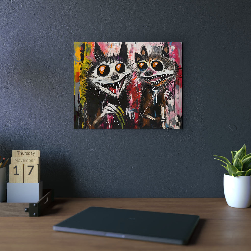 Doodle Abstract Wide Eye Racoons With Colorful Grey Pink Yellow Background By DaFlowerChild Aluminum Composite Panels