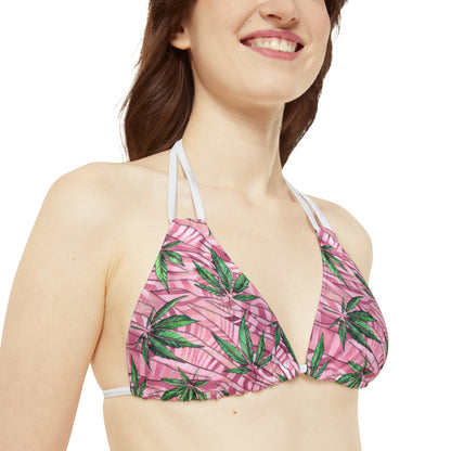 Beautifully Pink And Green Gorgeous Designed Marijuana 420 Weed Leaf Strappy Bikini Set (AOP)