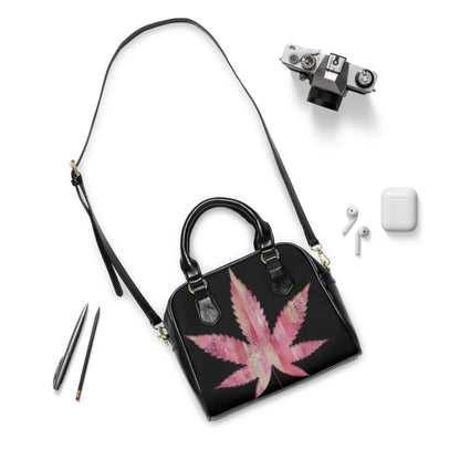 Sassy Single Pink Marijuana 420 Weed Leaf With Black Background Shoulder Handbag