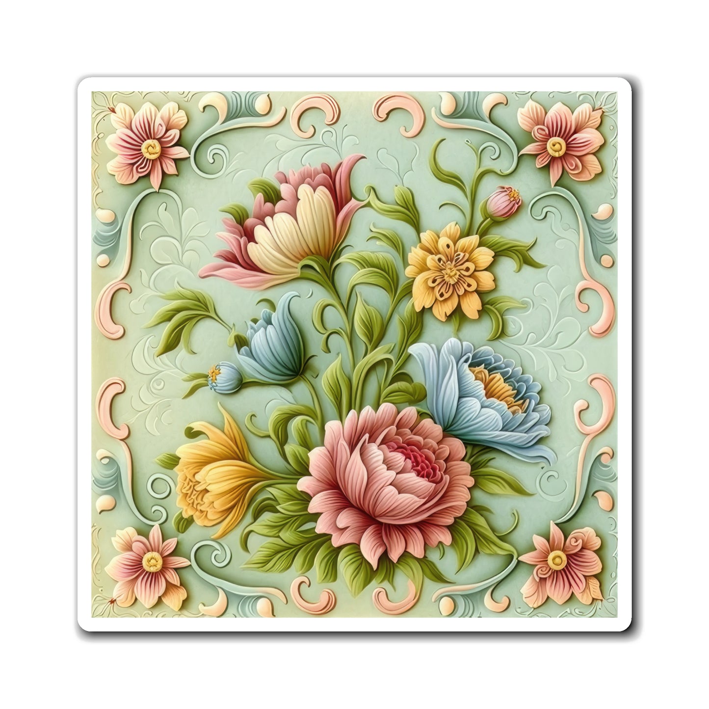 Antique Floral Pastel multi color flowers And Blue Background Classic Designed Style Two Magnets