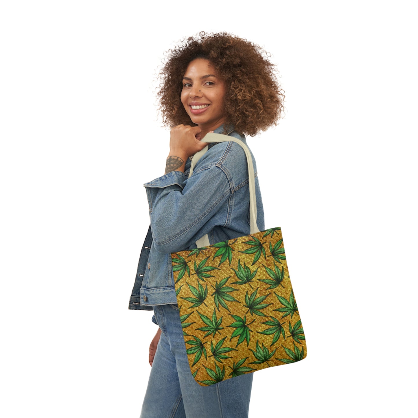 Gold And Green Marijuana Pot Weed Leaf With Gold Background 420 Polyester Canvas Tote Bag (AOP)