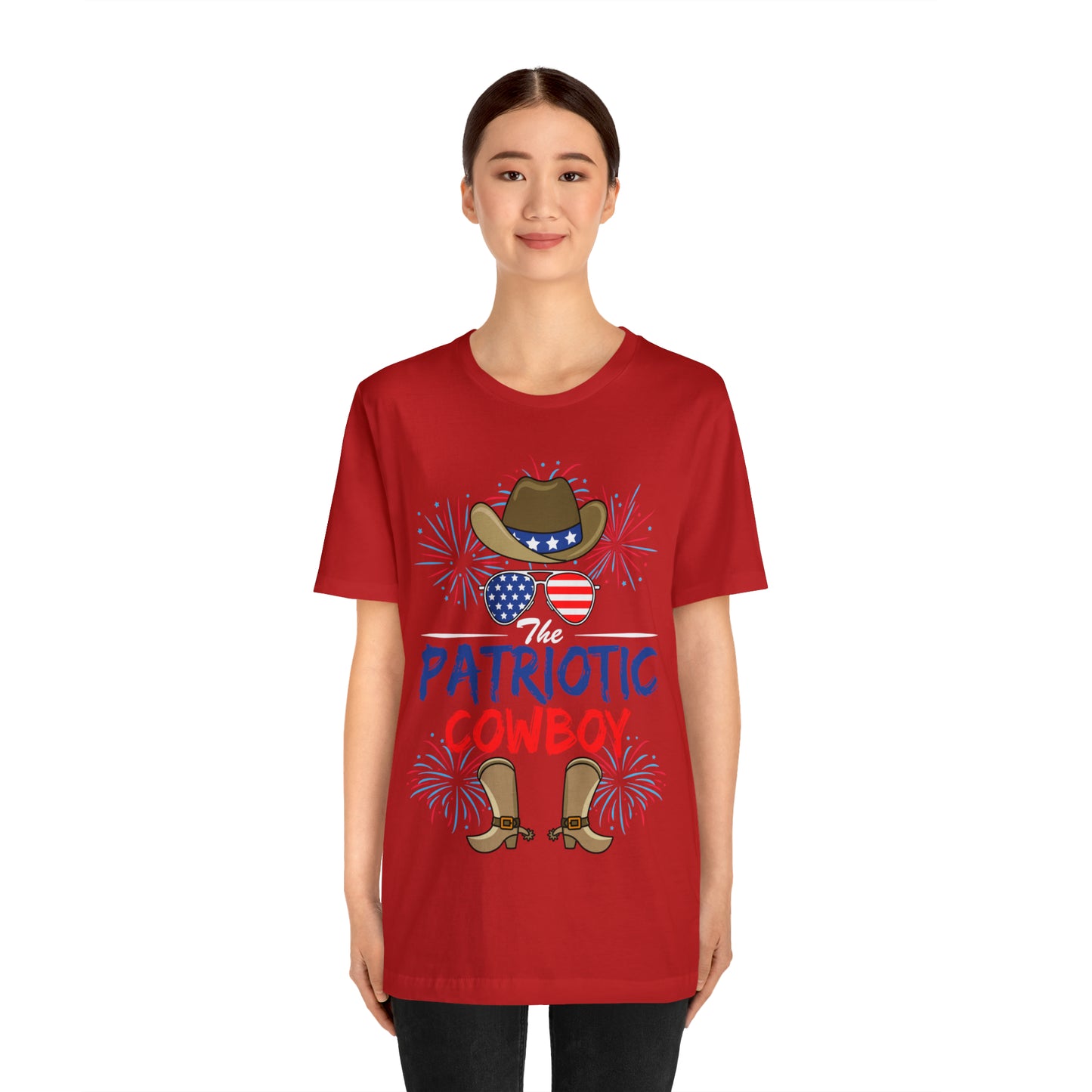 Patriotic Cowboy, American Flag 'Glasses, Cowboy Hat and Boots, Fourth of July 4th Unisex Jersey Short Sleeve Tee