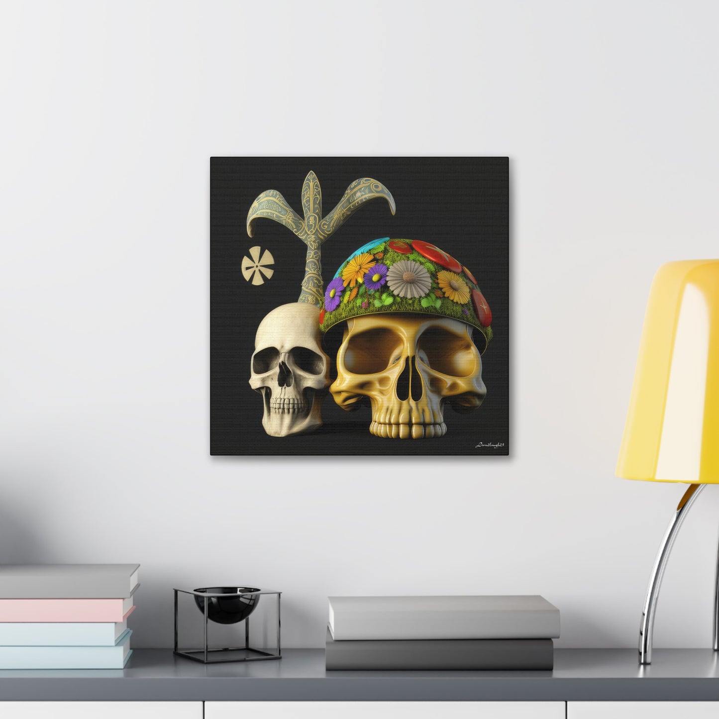 Double Skull With Yellow White Purple Flowers Canvas Gallery Wraps