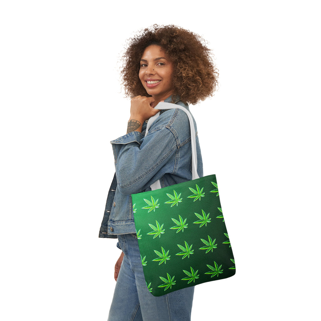 Green Leaf Marijuana Pot Weed Leaf 420 Polyester Canvas Tote Bag (AOP)