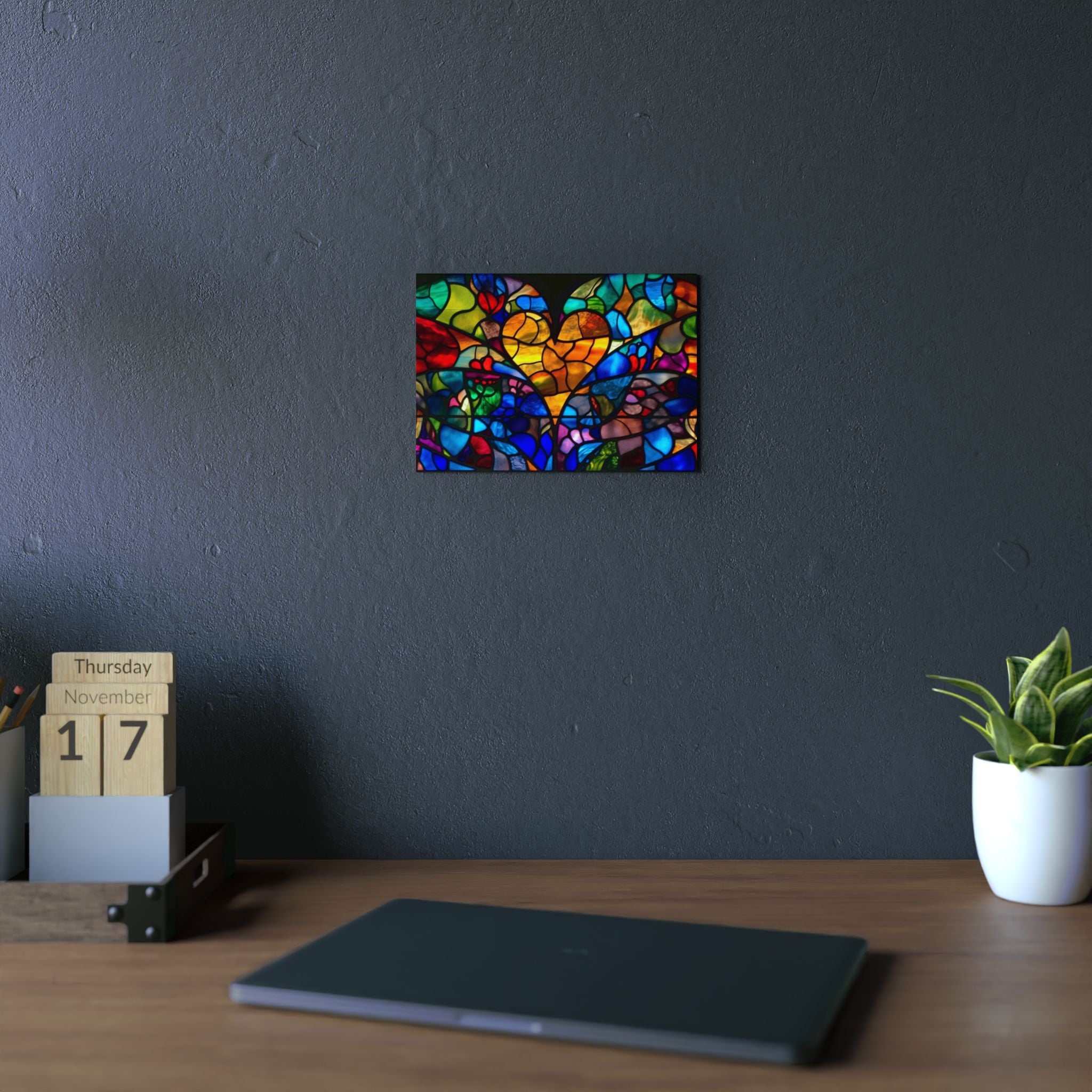 Stained Glass Blue Background Amazing Yellow Heart Aluminum Composite Panels